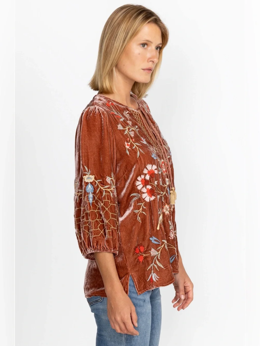 Johnny Was Clara Velvet Embroidered Peasant Silk/Rayon Blouse w/ Tassels. Sz XS